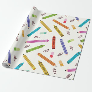 Colorful School Crayons and Pencils  Pattern  Wrapping Paper