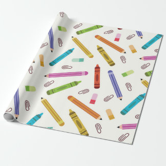 Colorful School Crayons and Pencils Pattern Wrapping Paper