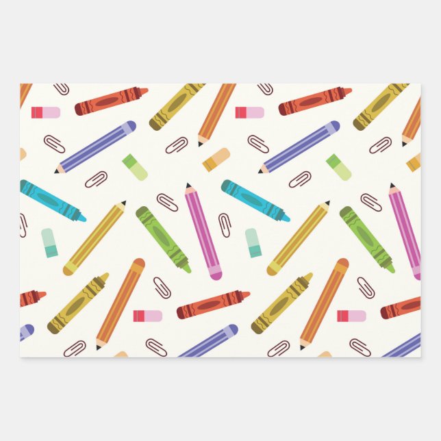 Colorful School Crayons and Pencils  Pattern  Wrapping Paper Sheets (Front)