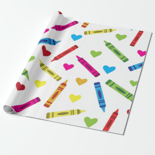 Colorful School Crayons Pattern with Hearts  Wrapping Paper