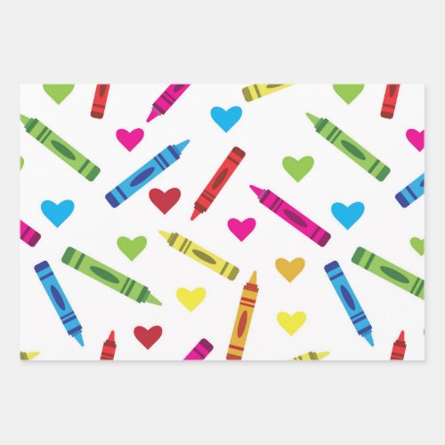 Colorful School Crayons Pattern with Hearts  Wrapping Paper Sheets
