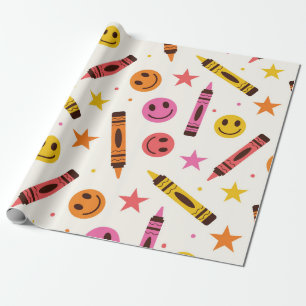 Colorful School Crayons with Happy Faces Pattern Wrapping Paper