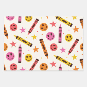 Colorful School Crayons with Happy Faces Pattern Wrapping Paper Sheets