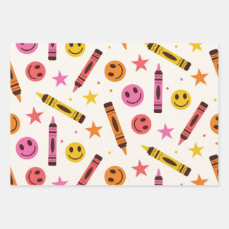 Colorful School Crayons with Happy Faces Pattern Wrapping Paper Sheets
