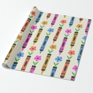 Colorful School Crayons with retro flowers Pattern Wrapping Paper