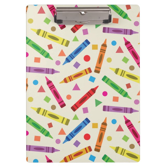 Colorful School Crayons with Shapes Pattern Clipboard (Front)