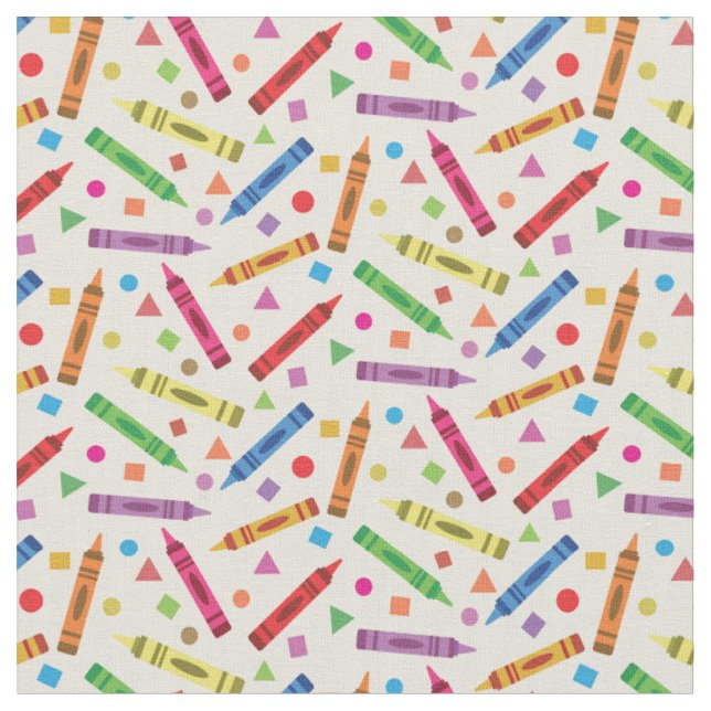 Colorful School Crayons with Shapes Pattern Fabric (Close Up)