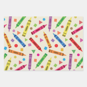 Colorful School Crayons with Shapes Pattern Wrapping Paper Sheets