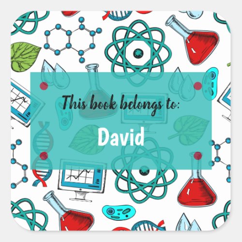 Colorful School Science Pattern Personalized Squar Square Sticker