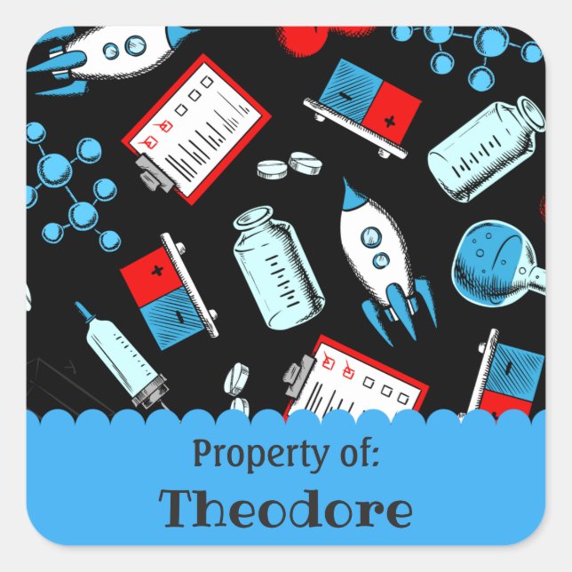 Colorful School Science Pattern Personalized Square Sticker (Front)