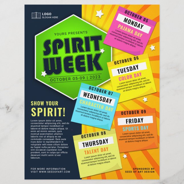 Colorful School Spirit Week Event Calendar Flyer (Front)