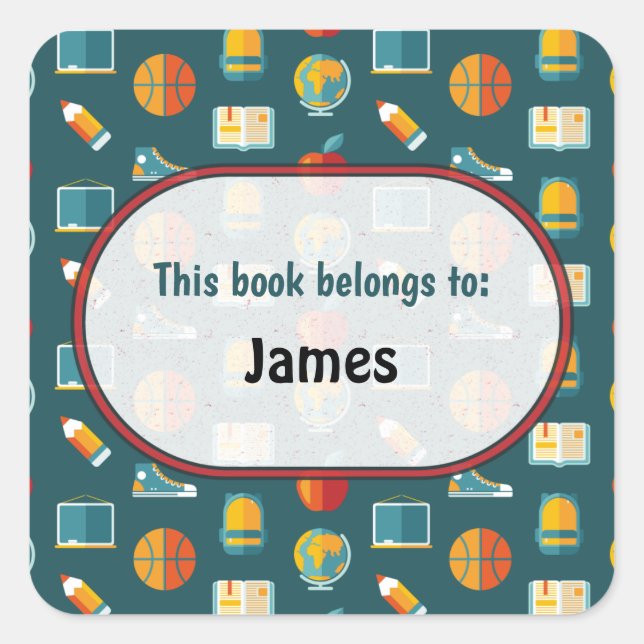 Colorful School Supplies Pattern Personalized Squa Square Sticker (Front)
