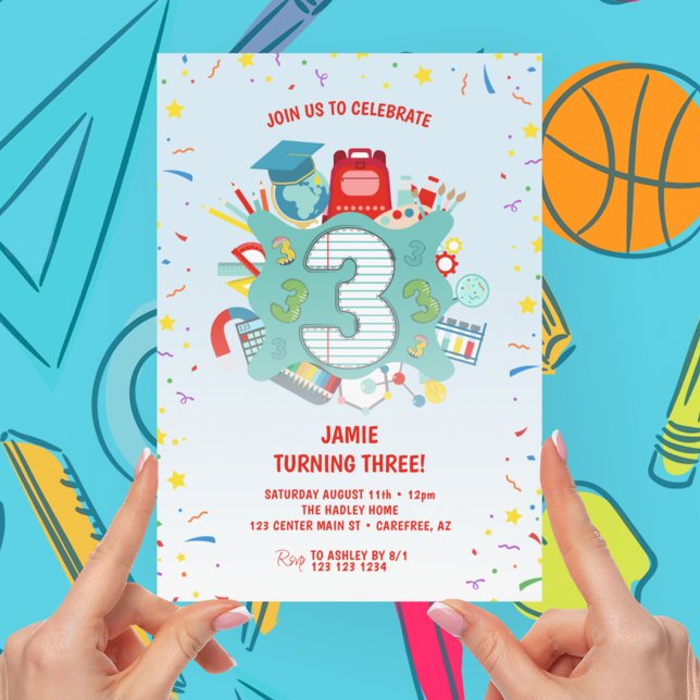 Colorful School Themed 3rd Birthday Party Invitation (Creator Uploaded)
