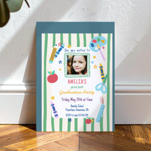 Colorful School Themed Photo Preschool Graduation Invitation