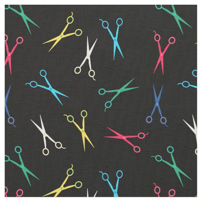 Colorful Scissor Pattern Black Background Fabric (Close Up)