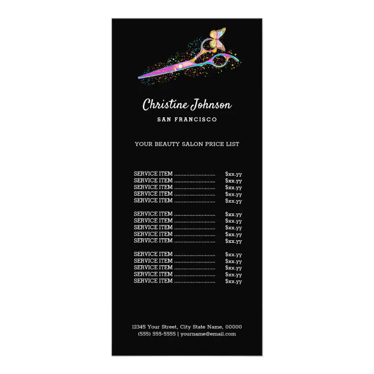colorful scissors hair stylist black price list rack card | Zazzle
