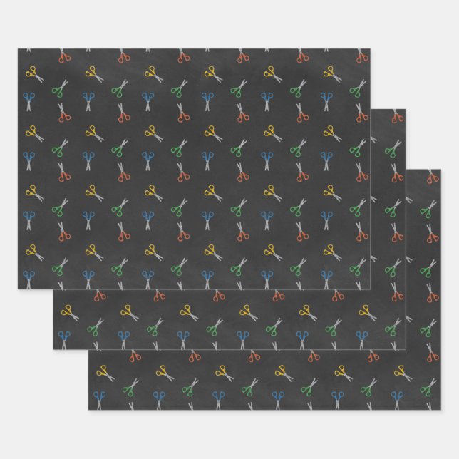 Colorful Scissors on Chalkboard Wrapping Paper Sheets (Set)
