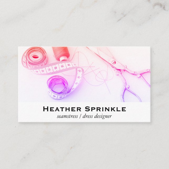 Colorful Scissors Tape Thread Seamstress Business Card (Front)