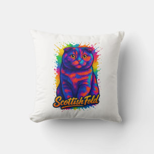 Colorful Scottish Fold Pop Art Cat – Vibrant Neon Throw Pillow