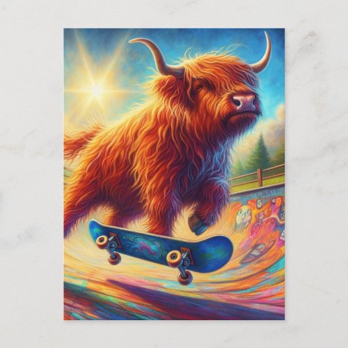 Colorful Scottish Highland Cow Skateboarding Postcard