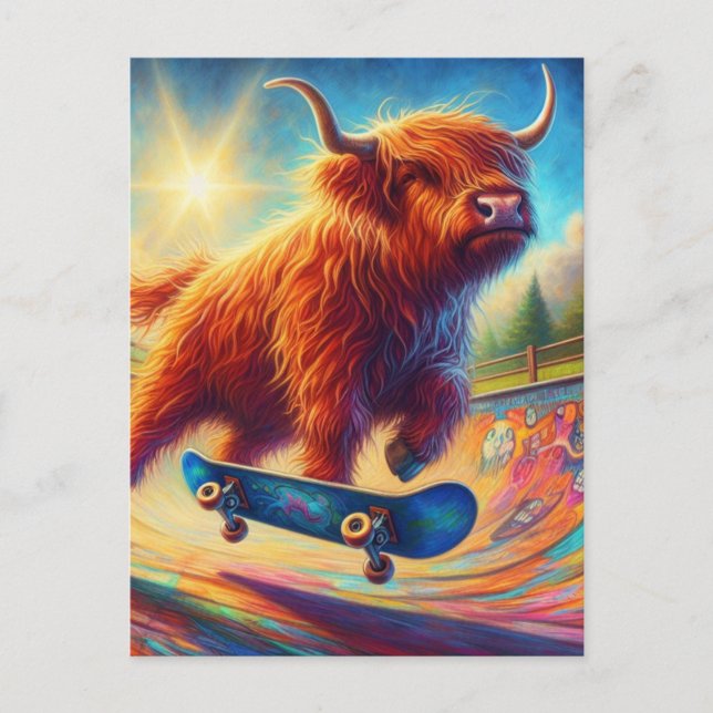 Colorful Scottish Highland Cow Skateboarding Postcard (Front)