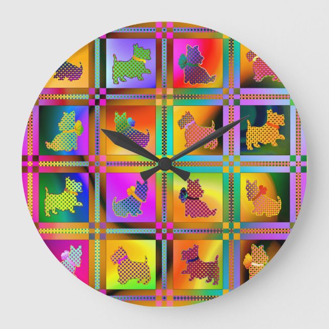   Colorful  Scottish Terriers with Plaid Pattern Large Clock (Front)
