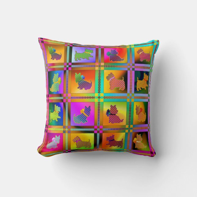   Colorful  Scottish Terriers with Plaid Pattern Throw Pillow (Front)