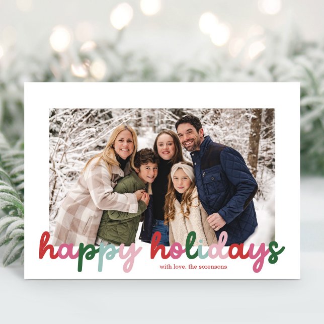 Colorful Script Calligraphy Two Photo Happy  Holiday Card (Creator Uploaded)