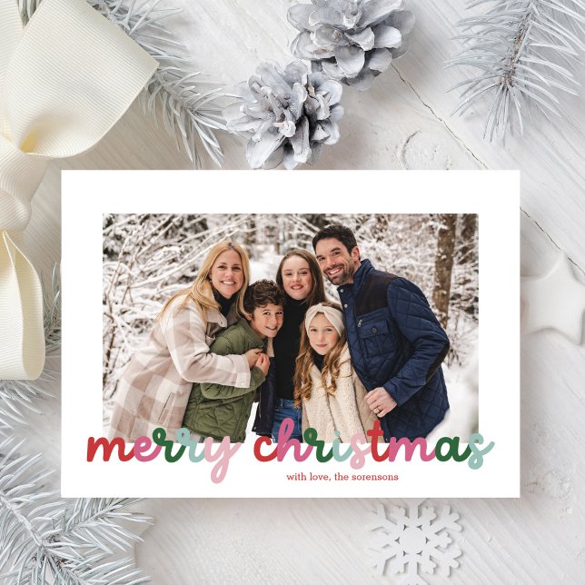 Colorful Script Two Photo Merry Christmas  Holiday Card (Creator Uploaded)