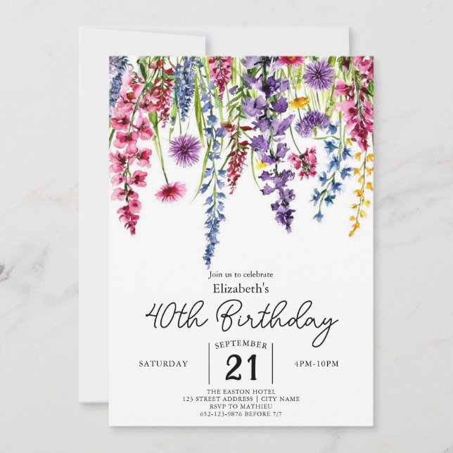 Colorful Script Wildflowers 40th birthday Invitation (Front)