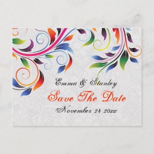 Colorful scroll leaf grey wedding Save the Date Announcement Postcard
