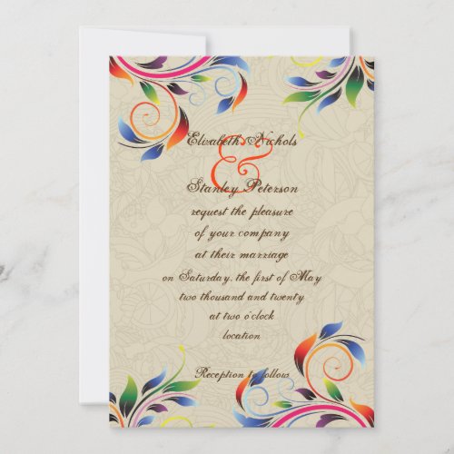Colorful scroll leaf on beige wedding invitation