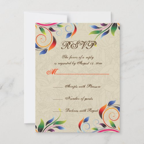 Colorful scroll leaf on beige wedding RSVP card