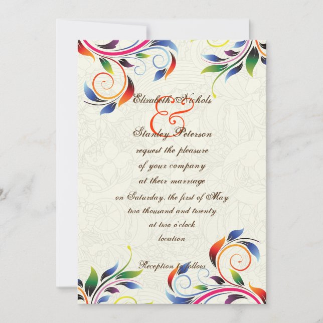 Colorful scroll leaf on ecru wedding invitation (Front)
