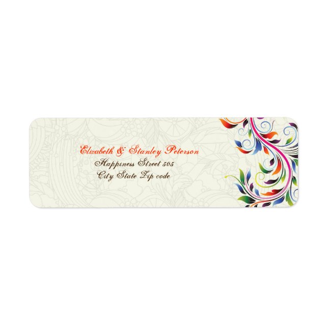 Colorful scroll leaf on ecru wedding label (Front)