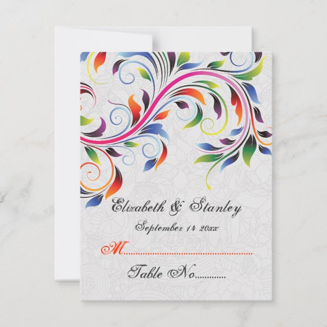 Colorful scroll leaf on grey wedding place card (Front)