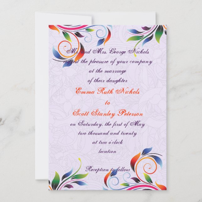 Colorful scroll leaf on purple wedding invitation (Front)