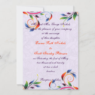 Colorful scroll leaf on purple wedding invitation