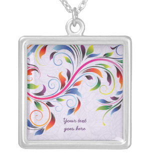 Colorful scroll leaf purple floral silver necklace