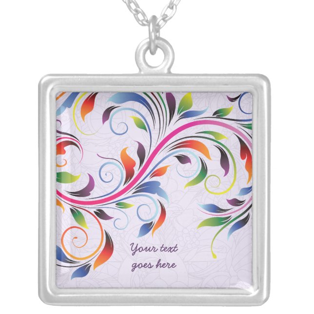 Colorful scroll leaf purple floral silver necklace (Front)