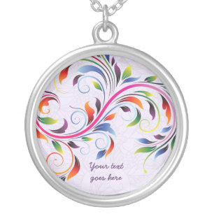 Colorful scroll leaf purple floral silver necklace