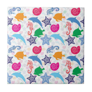 Colorful Sea Animals Illustration Pattern Ceramic Tile