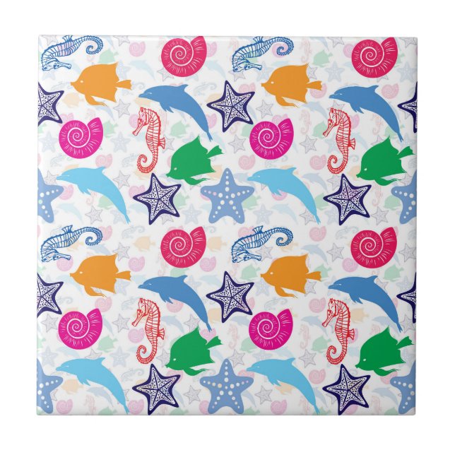 Colorful Sea Animals Illustration Pattern Ceramic Tile (Front)