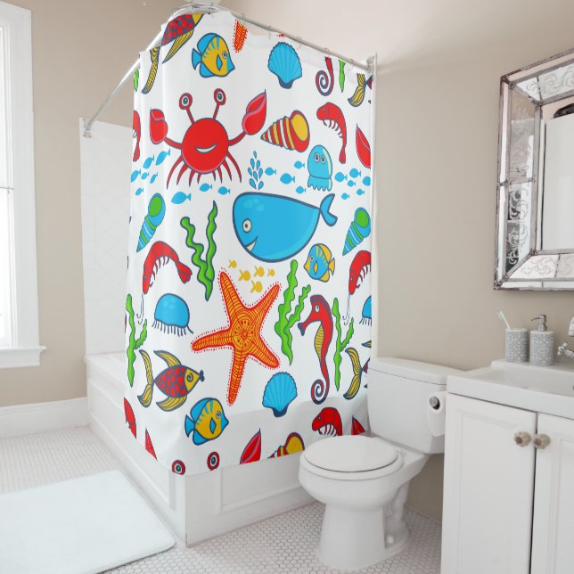 Colorful Sea Animals Pattern Shower Curtain (In Situ)