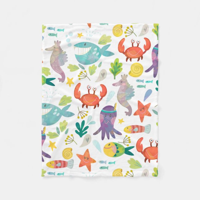 Colorful Sea Animals Seamless Pattern Fleece Blanket (Front)