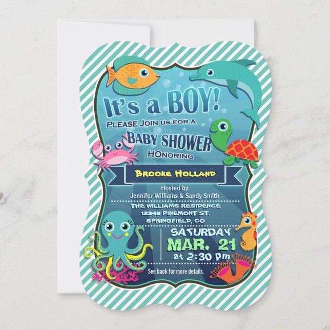 Colorful Sea Creatures; Boy Baby Shower Invitation (Front)