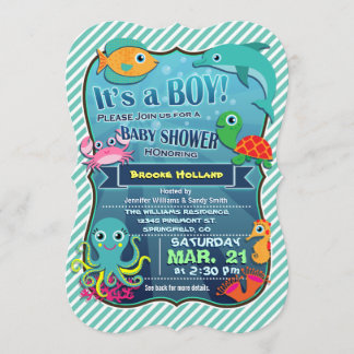Colorful Sea Creatures; Boy Baby Shower Invitation