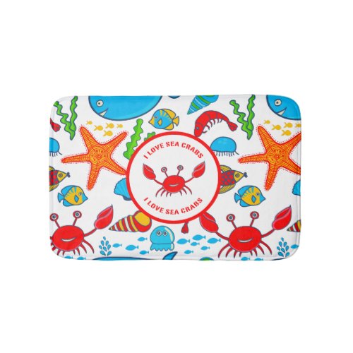 Colorful Sea Creatures Pattern Featuring Sea Crab Bathroom Mat