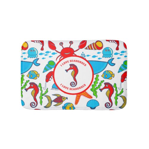 Colorful Sea Creatures Pattern Featuring Sea Horse Bath Mat