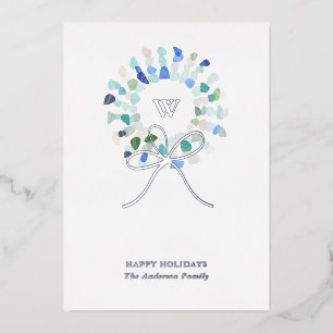 Colorful Sea Glass Christmas Wreath Initial Foil Holiday Card
